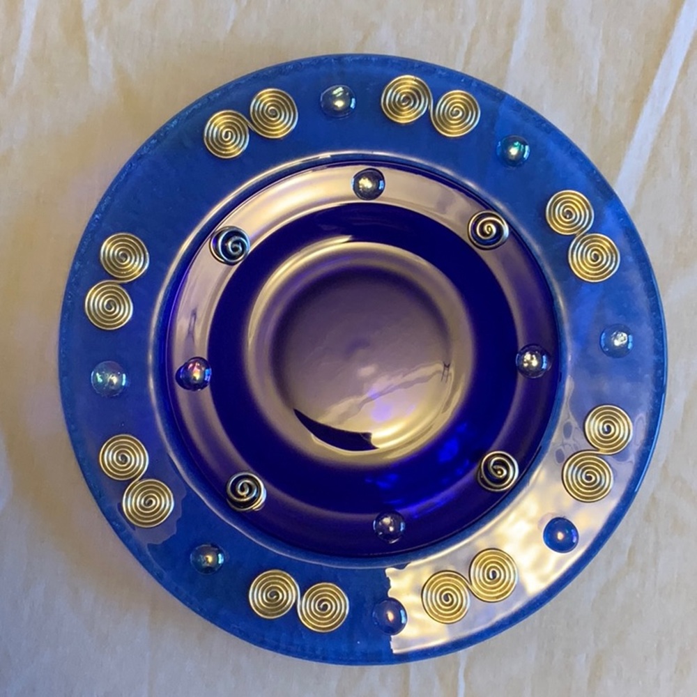 Two Blue Glass Serving Plates with Decorative Glass Beads & Silver Metal Swirls